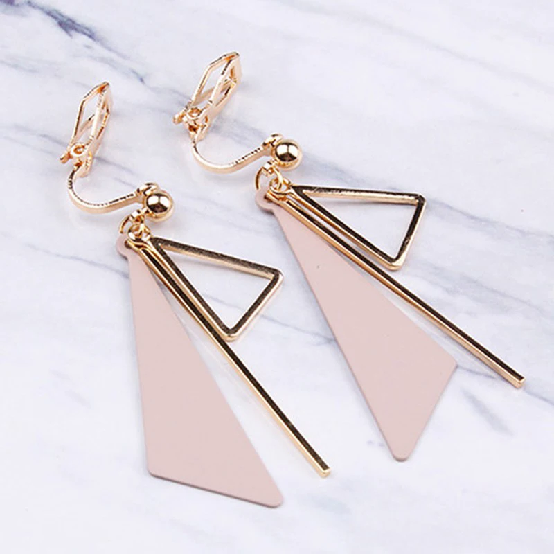 

Pink Clip On Earrings None Pierced Ear Cuff Triangle Geometric Irregular