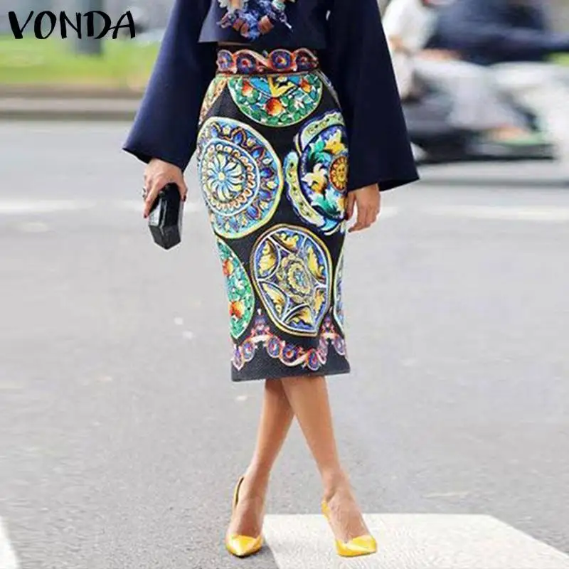 Модные VONDA 2019 Лето в стиле Boho Для женщин юбка офисные женская с цветочным принтом Длинные Юбки Высокая талия Сексуальная Bodycon Vestidos