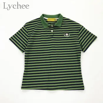 

Lychee Harajuku Face Embroidery Hit Color Stripe Women T Shirt Turn-Down Callor Button Short Sleeve Female T-shirts Top Tees