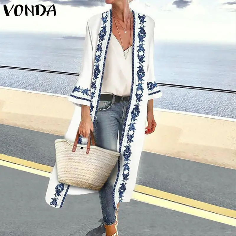 

VONDA Plus Size Blouse Women Cardigan 2019 Spring Summer Vintage Floral Print Blouse Beach Long Tops Female Elegant Office Shirt
