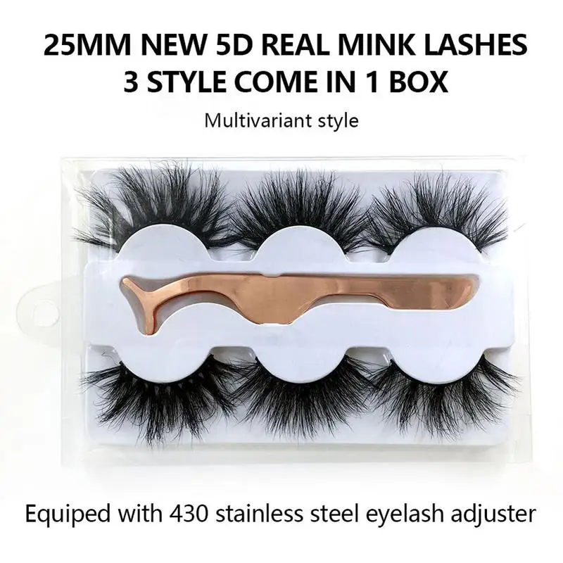 3 Pairs 25MM 6D Imitated Mink False Eyelashes Cross Thickened Reusable Natural False Eyelash With Curler Popular Eyelash Makeup
