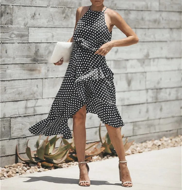 

2019 Summer Women Polka Dot Print Asymmetrical Dress Casual Halter Ruffles Beach Dress Fashion High Waist Party Dress