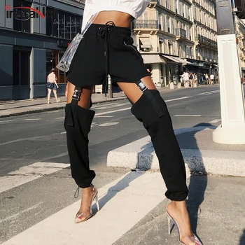 

Sexy Black Drawstring Buckle Pencil Pant Women Zipper High Waist Harem Cargo Pants Streetwear Casual Solid Rock Trousers