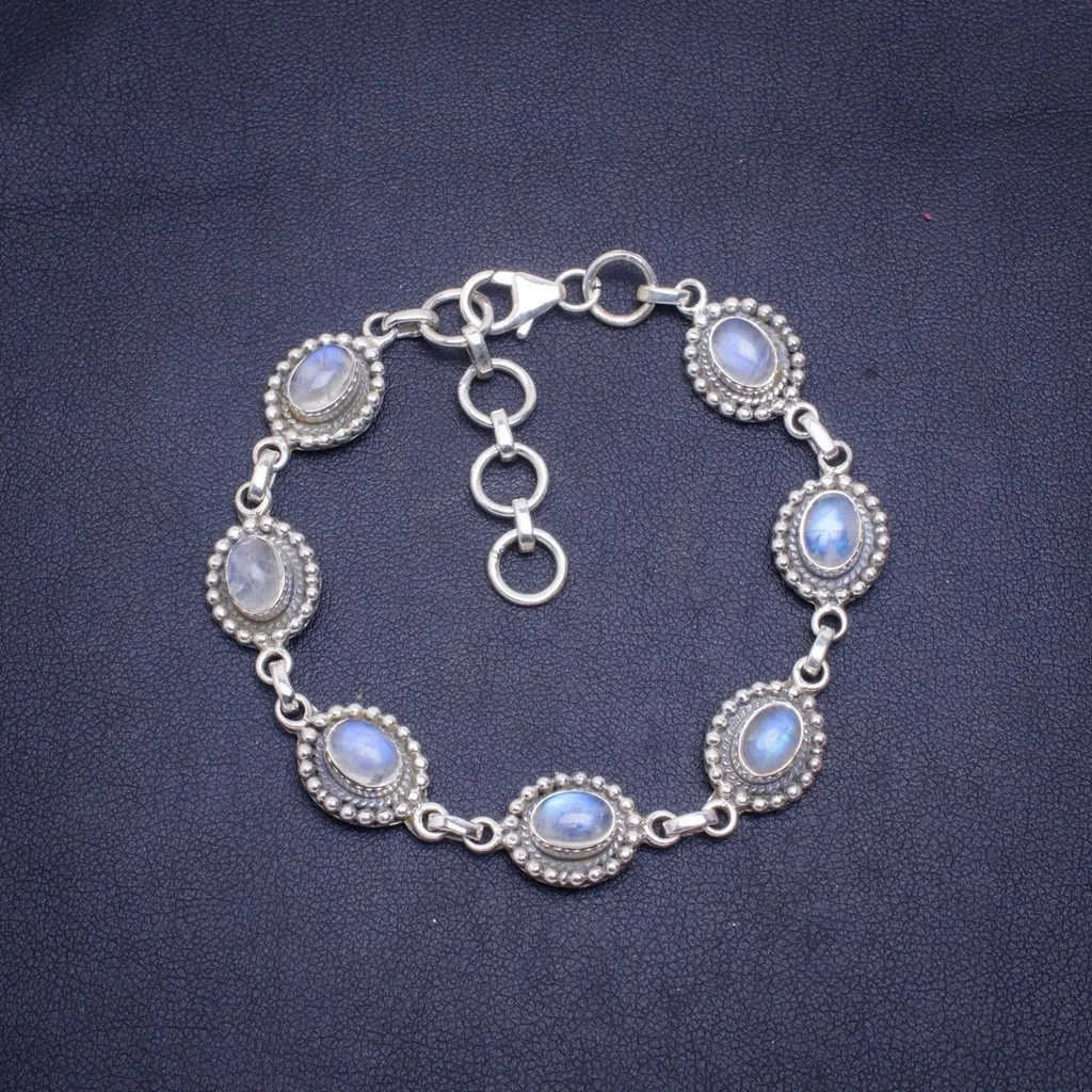 

Natural Rainbow Moonstone Handmade Unique 925 Sterling Silver Bracelet 6.75-8" A3037