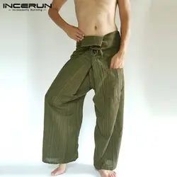 INCERUN летние тайские штаны для рыбалки мужские полосатые свободные хлопковые карманы джоггеры Ретро широкие ноги Йога-брюки повседневные