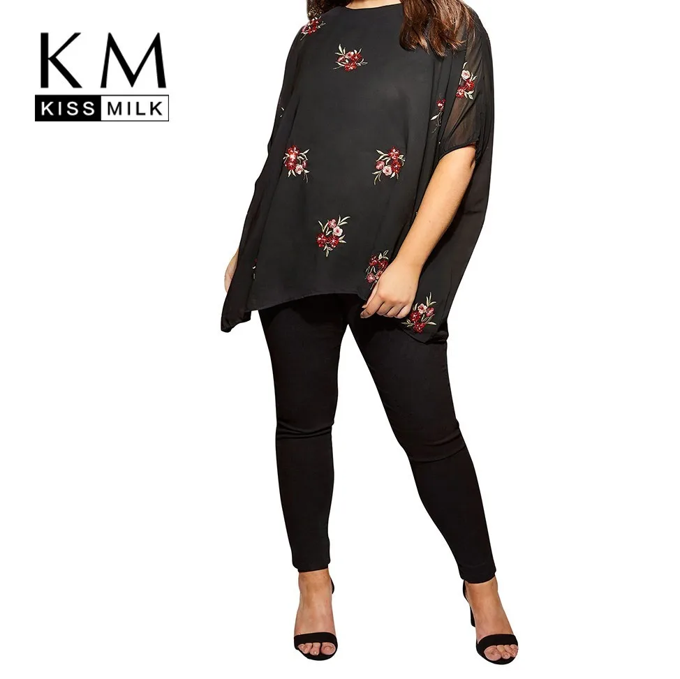 

Kissmilk Large Size Simple European And American Commuter Round Neck Embroidered Perspective Sexy Sleeves Shirt T-shirt Female
