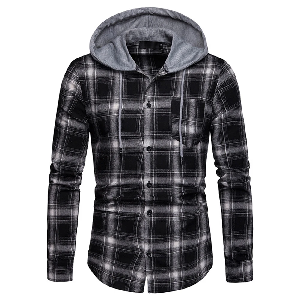 

Men's Shirt Long Sleeve Hooded Clothes Red Black shirts Plaid Business Casual Teen student clothing Hot Sale