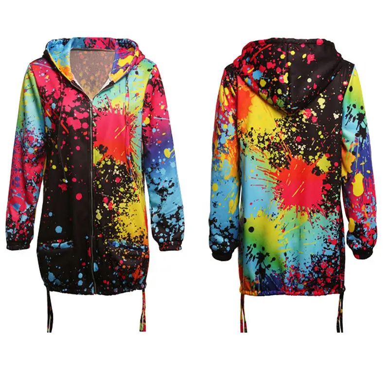 

Warm Fall Winter Fashion Women's Colorful Floral Print Long Sleeve Hooded Coat Jacket Windbreaker Parka Outwear Zipper Long Coat