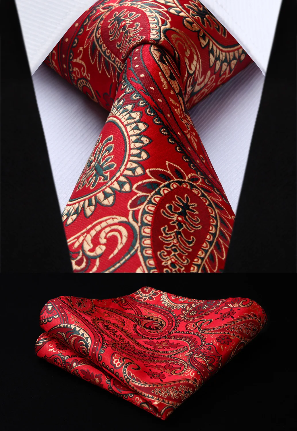New Red Gold Paisley Mens Tie Woven Silk Necktie Handkerchief Set