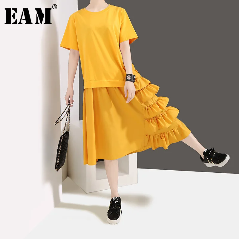 

[EAM] 2019 New Spring Summer Round Neck Short Sleeve Yellow Hem Ruffles Split Joint Cake Loose Dress Women Fashion Tide JR819