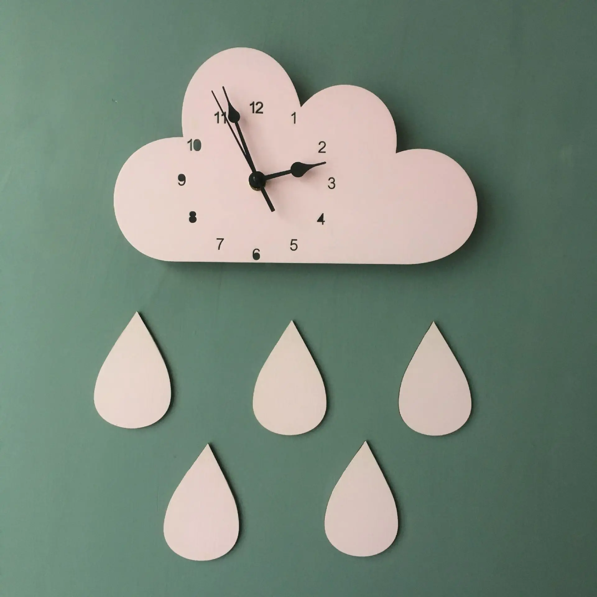 

Cute Kids Room Nursery Decor Modern Interior Design Cartoon Wooden Cloud Raindrop Shaped Wall Clock Geometric Silent Clock Art