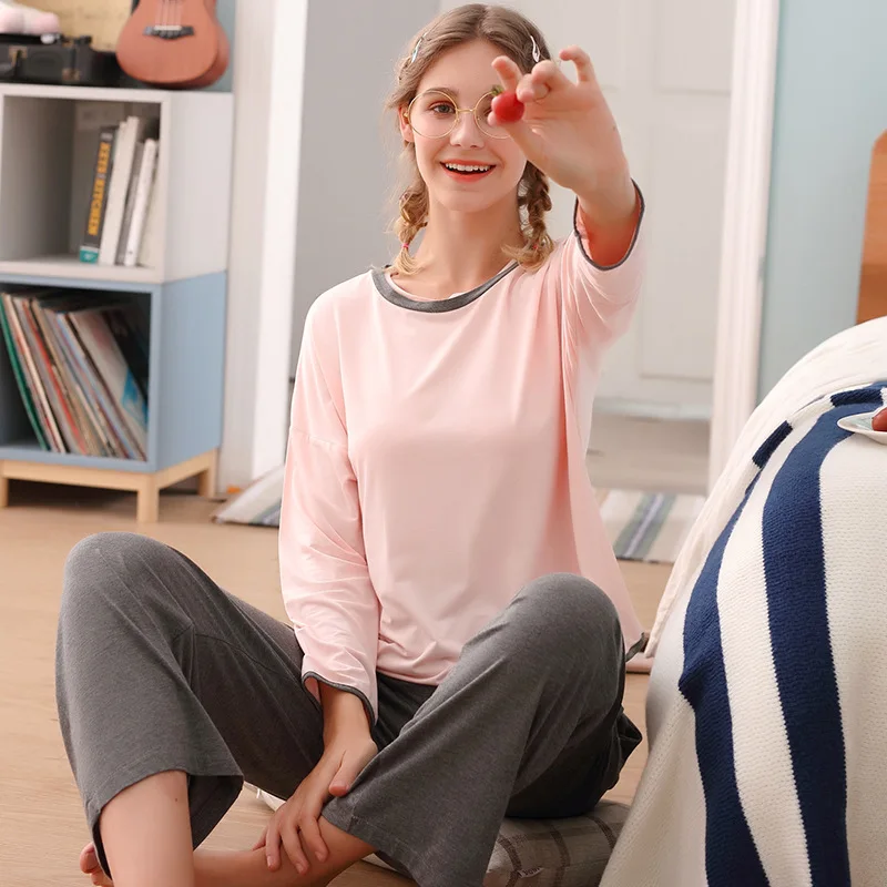 

Spring and Autumn Newest Simple Solid Color Pajamas Sets for Ladies Pajamas Thin Section Loose Style Modal Pajamas Cotton Women