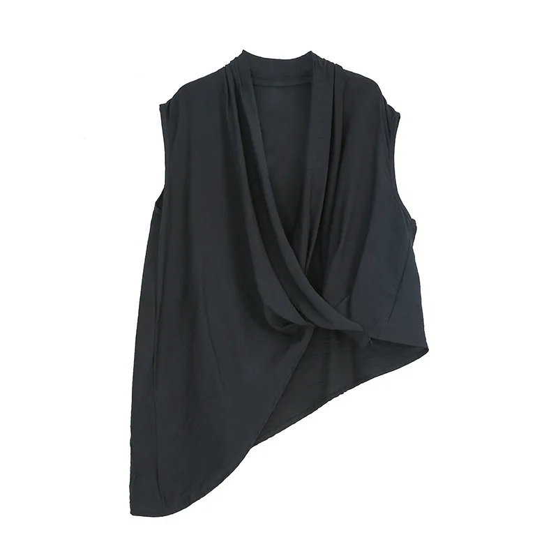 [EAM] новая весенне-летняя черная свободная плиссированная футболка с круглым вырезом без рукавов, женская модная Универсальная футболка JS213