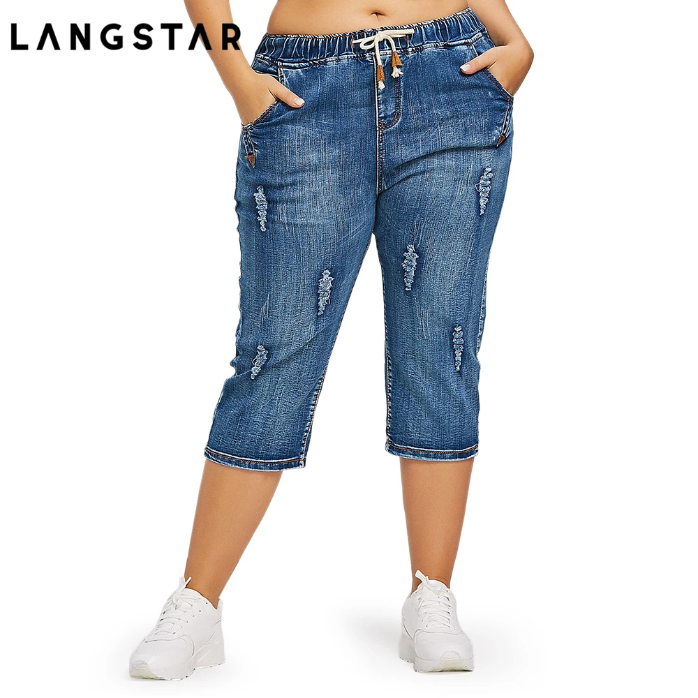 Fashion Plus Size 4XL Drawstring Waist Boyfriend Capris Jeans Mom Women Loose Ripped Distressed