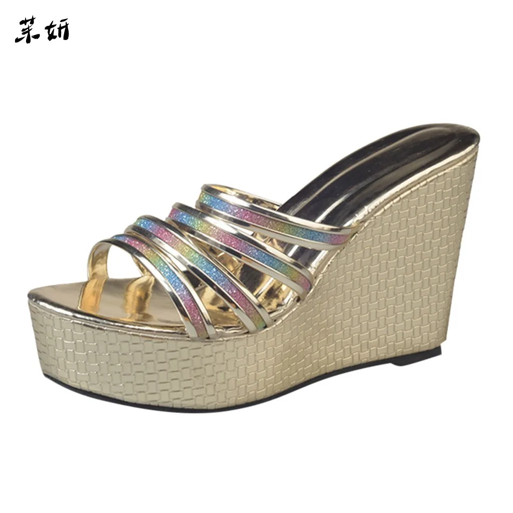

2019 New Super Slippers Luxury Brands Woman Fashion Wedges Color Squins Bling Slipper Peep Toe Holiday Shoes Candy #89