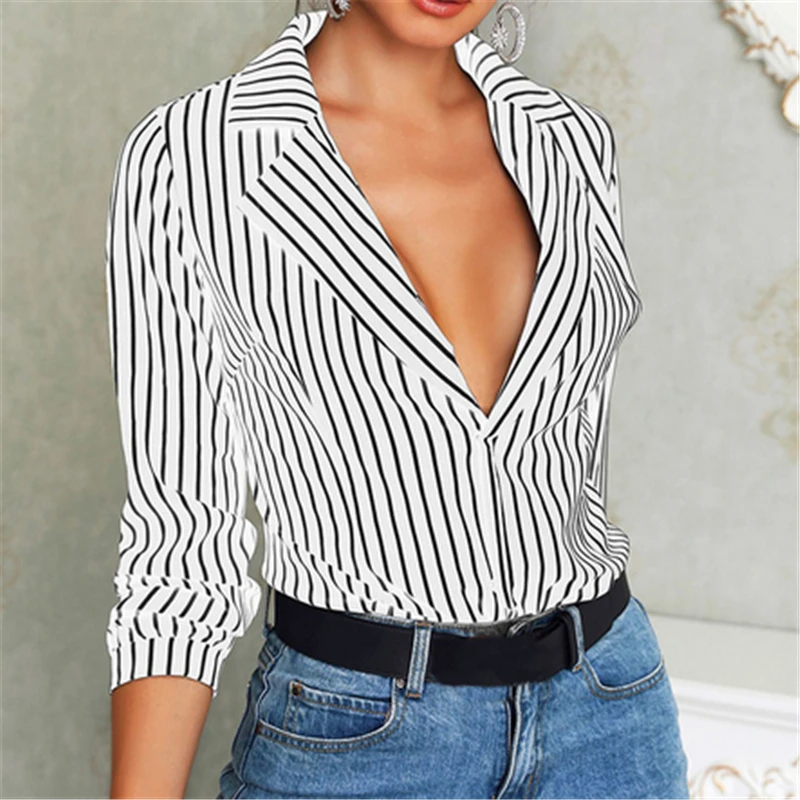 

2018 New Spring Autumn Women Blouse Black Stripe V-Neck Long Sleeve Work Shirts Women Office Tops Striped Blouse For Business