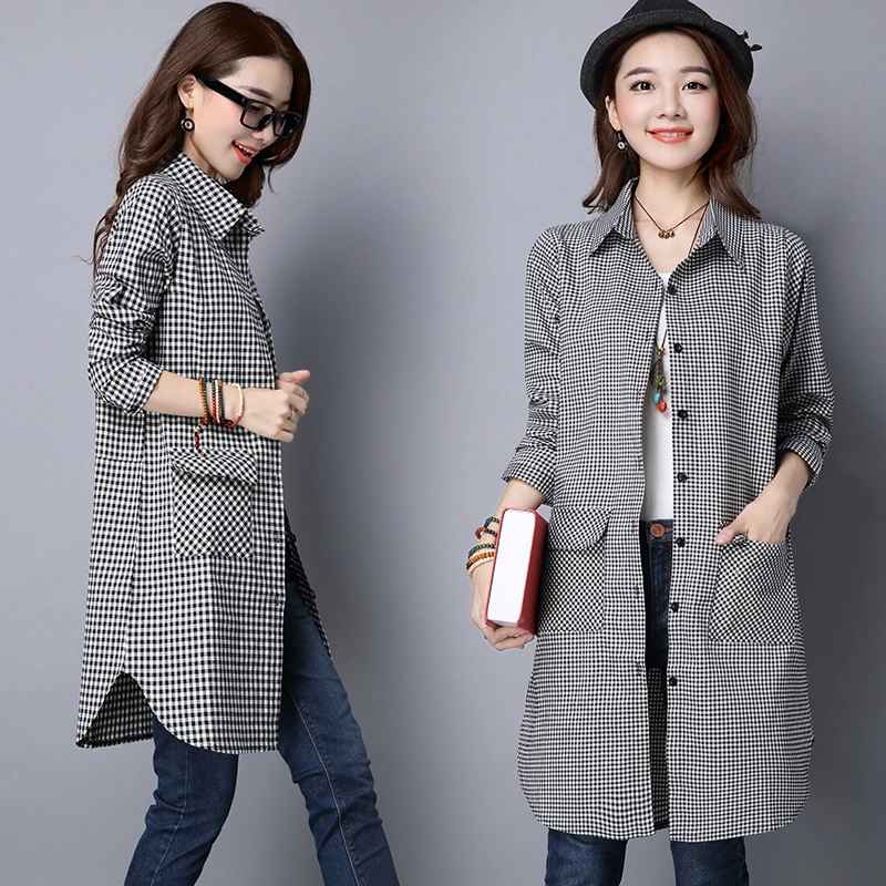 

Women cotton linen black white plaid blouses 2019 Spring Summer fashion female long sleeve loose office lady casual tops shirts