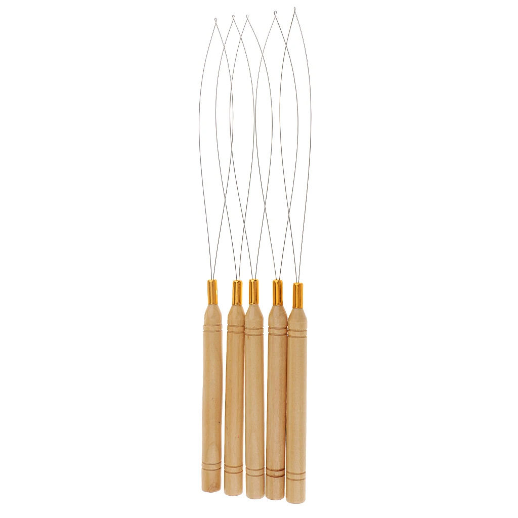 

5Pcs/Set Wooden Hair Extensions Loop Needle Threader Wire Pulling Hook Tool for Beads and Feathers
