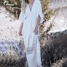 Женское богемное длинное платье, сексуальное, v-образный вырез, рукав, на каждый день, эластичное, кружевное, в стиле пэчворк, вечерние платья размера плюс