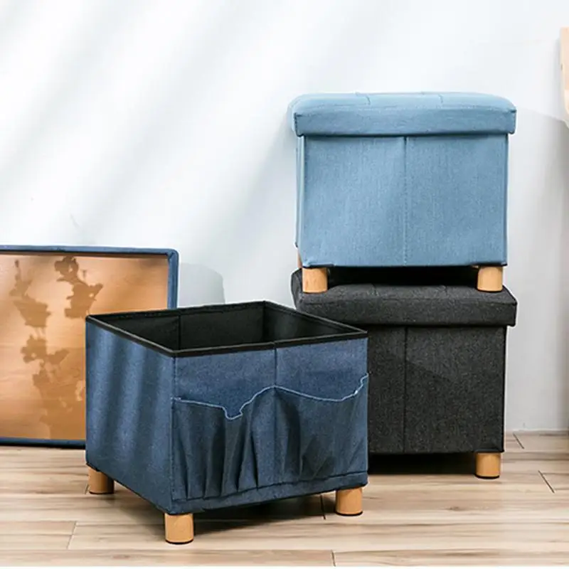 cheap 38x38x38CM Denim Fabric Solid Wood Storage Modern Folding Rect Stool Box Footrest Living Room Furniture Pouffe Ottoman Bench