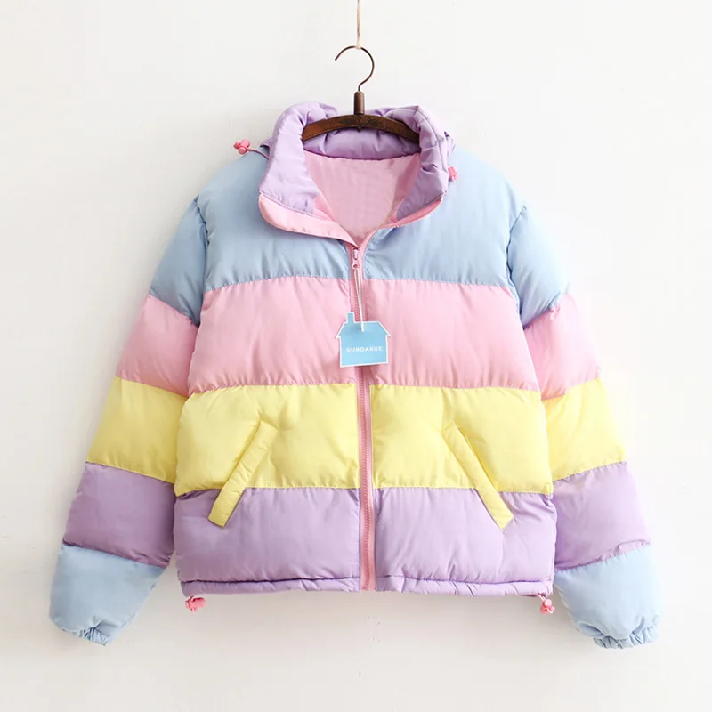 

Oversized Harajuku Women Coat Parkas Mujer Short Padded Warm Jacket Rainbow stripe Splicing Fluffy Parka Femme Clothing Winter