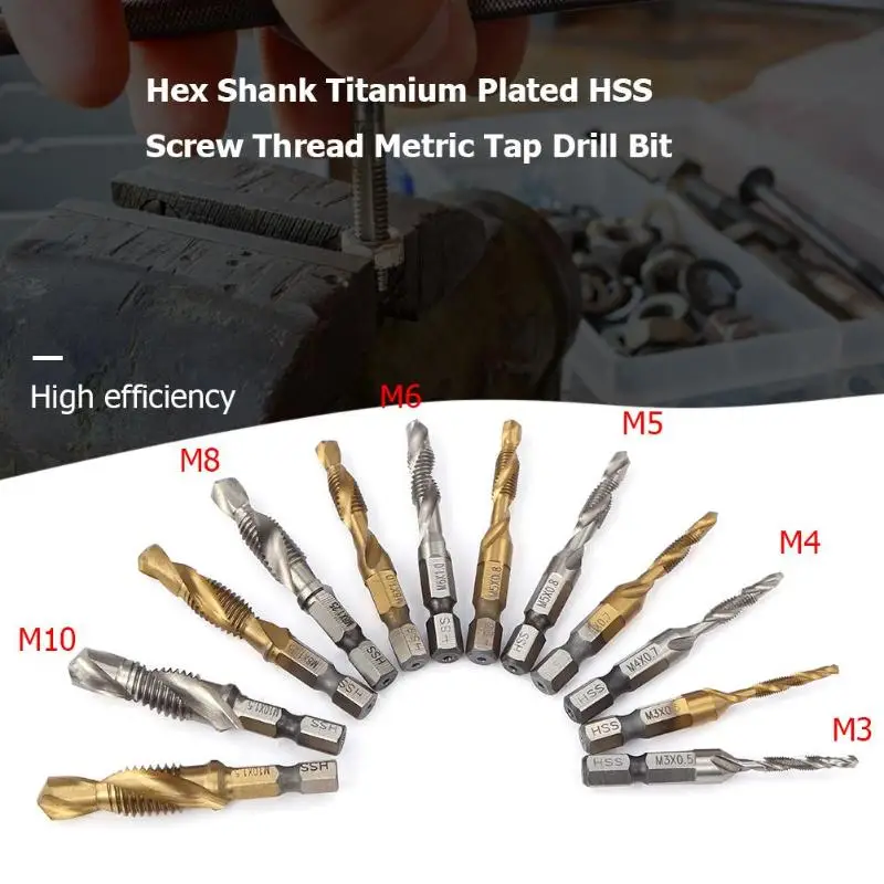 

M3-M10 Hex Shank Titanium Plated HSS Hand Screw Thread Metric Tap Drill Bit High Speed Steel Drill Bits High Quality Power Tools