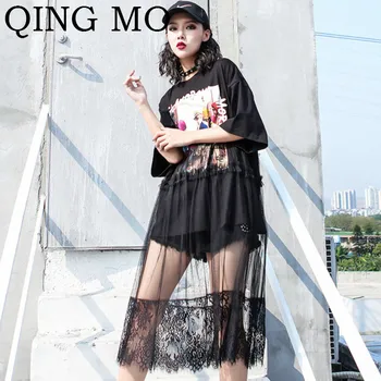 

QING MO Women Cartoon Printing Dress Women Black Mesh Patchwork Dress Lady Cotton O Neck Short Sleeve Dress 2020 Hot ZQY076