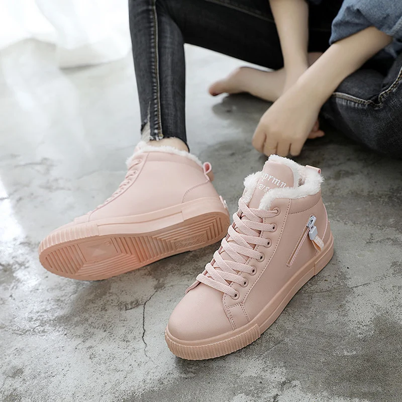 

Winter Warm Fur Women's Boots Fashion PU Leather Ankle Boots For Women Pink Cute Casual Lace Up Winter Shoes Solid Snow Boots