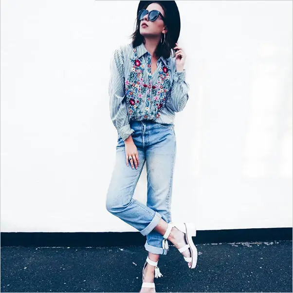 

Women Floral Embroidered Casual Blouse Autumn Long Sleeve Striped Shirt Floral Tops Fashion
