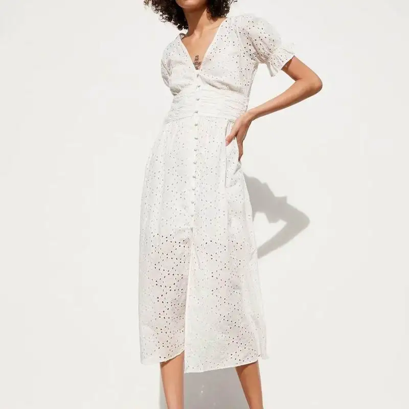 

Women White Dress Cotton Hollow Out Embroidery 2019 Summer New Fashion Slim Lady's Mid-Calf Sheath Dresses Feminino Vestidos