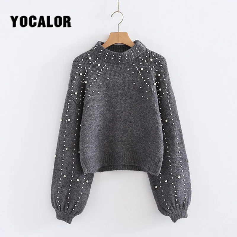 

YOCALOR Lantern Sleeve Best Pearl Pull Hippie Femme Sweater Women Jersey Winter Knitted Female Casual Jumper Knitting Autumn