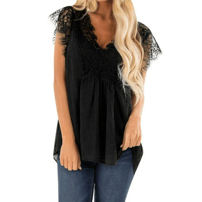 Fashion Ladies Lace Stitching Solid Color Elegant T-Shirt V-Neck High Waist Hollow Crease Comfortable Chiffon T-Shirt Sizes S-XL