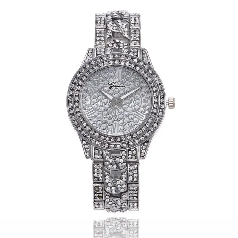 

New Arrival Diamond Geneva Watch Women'S Bling Bling Stainless Steel Analog Quartz Wristwatch Female Lady Luxury Silver Watches