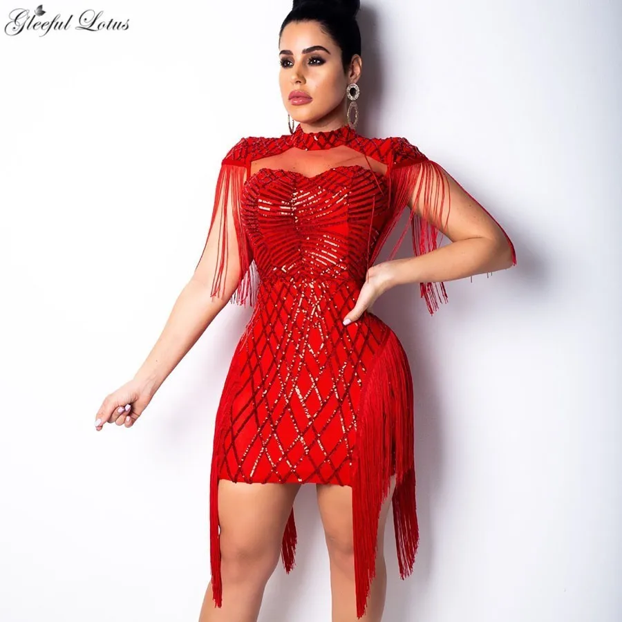 

Sexy Tassel Mini Dress Sequin Glitter Dress 2019 Women Spring Summer Vestido Club Party Wrap Bodycon Red Black Short Sleeve New