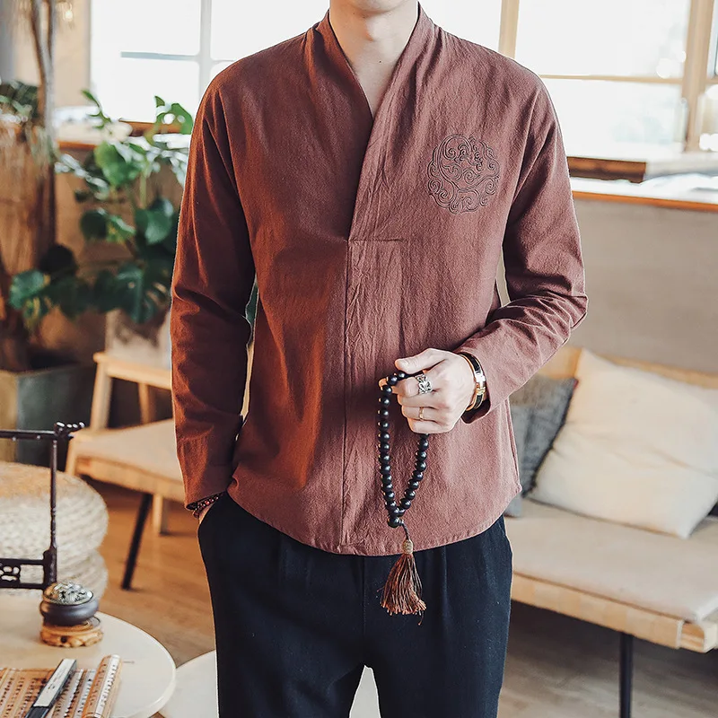 

#4505 Spring Linen T Shirts Men Chinese Style Embroidery V-neck Vintage Long Sleeve Solid Plus Size 5XL Loose Tee Shirt Homme