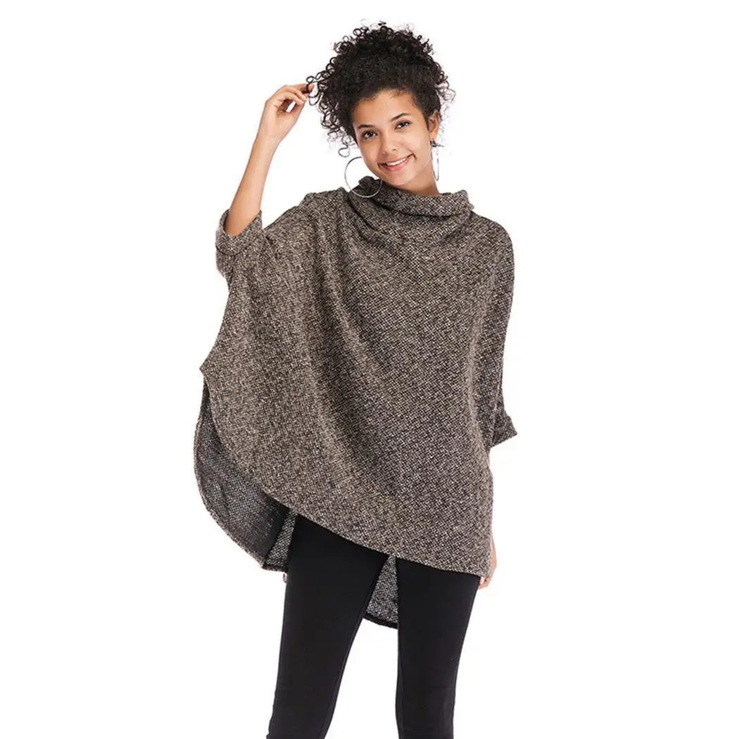 

New Fashion Women Casual Turtle-neck Solid Loose Knitted Cloak Sweater Regular Fit, Loose, Asymmetrical Hem
