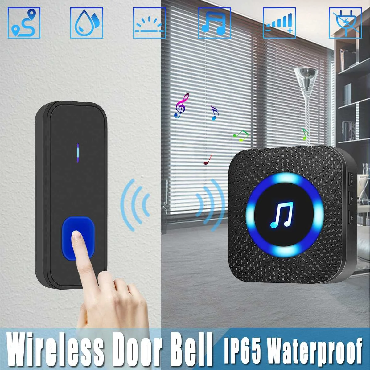 

Wireless LED Flash Waterproof Door Bell Cordless 300M Range 55 Chime Doorbell UK/EU/US Plug for Villas Hotels Schools 5 level