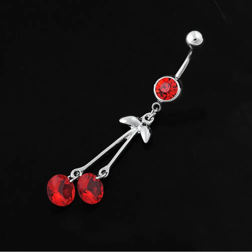 Creative Rhinestone Cherry Dangle Navel Rings Belly Button Rings Body