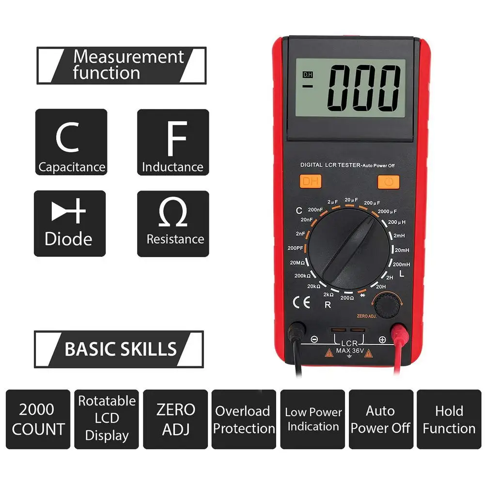 

Digital LCD Meter Inductance Capacitance Resistance Tester Multimeter Crocodile Clip Measuring Tool with Bag