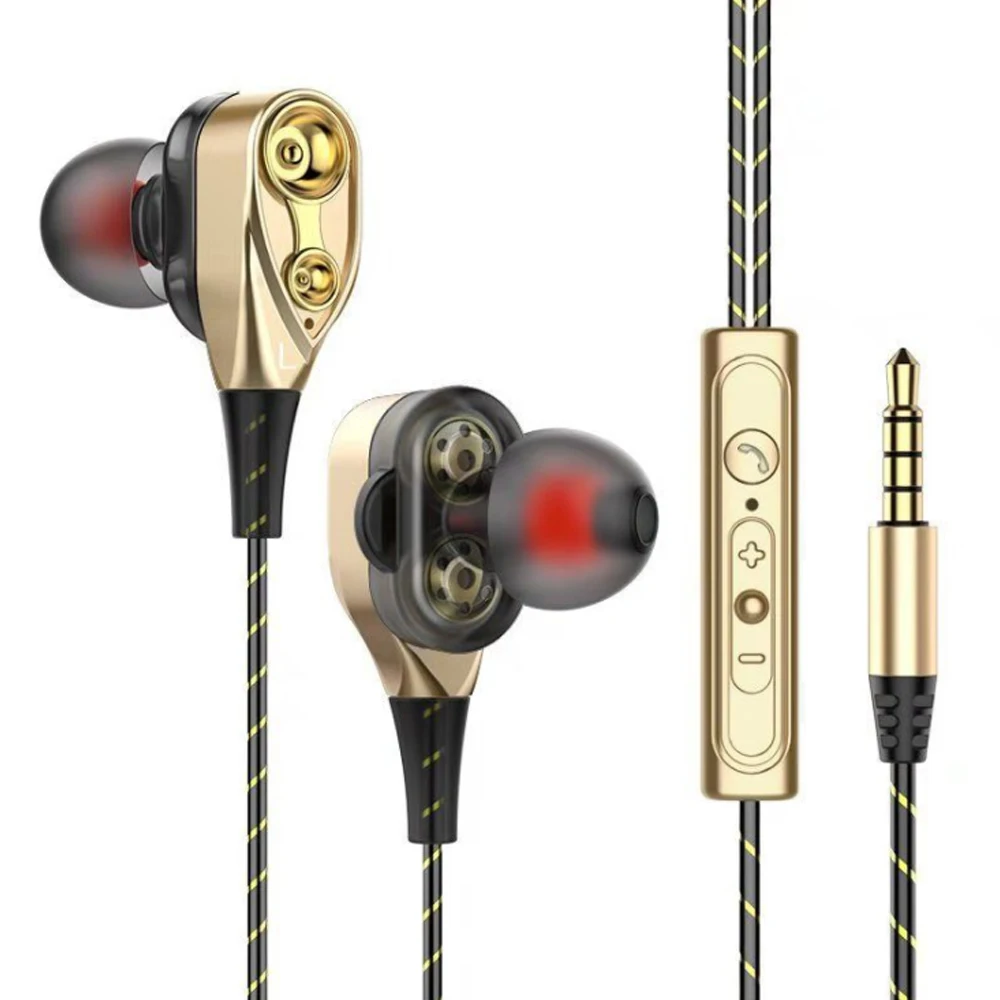 Earphone 3.5mm Dual-Dynamic Quad-core In-ear wired Noise Isolation Sport Earphone with Microphone Subwoofer Earphone for phones