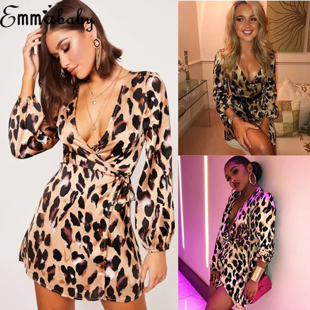 

Womens Sexy Autumn Leopard Bodycon Evening Party Club Short Mini Dress