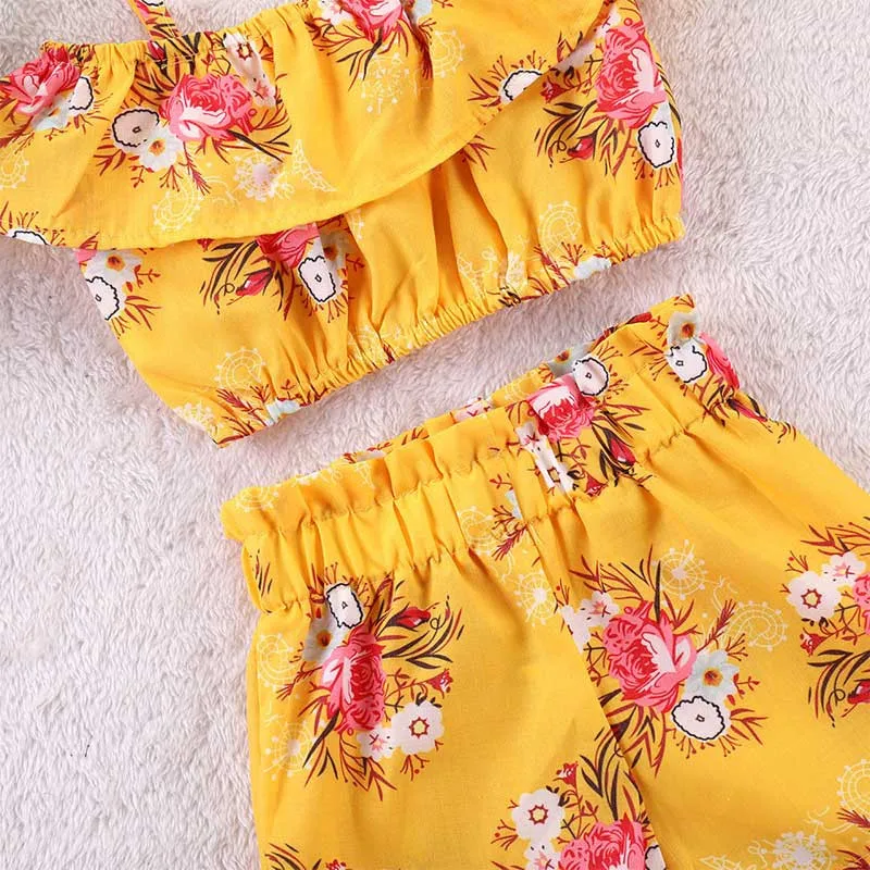  Fashion Toddler Kid Baby Girl Set Clothes Floral Ruffles Off Shoulder Tank Tops+Short Pants 2Pcs Set Clothes