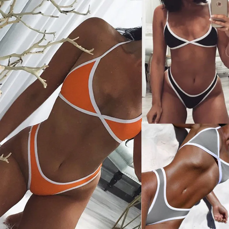 

2017 Simple Candy Color Two-piece Swimwear Women Triangle Bikini Set Bandage Swimsuit Bathing Beachwear Clothing