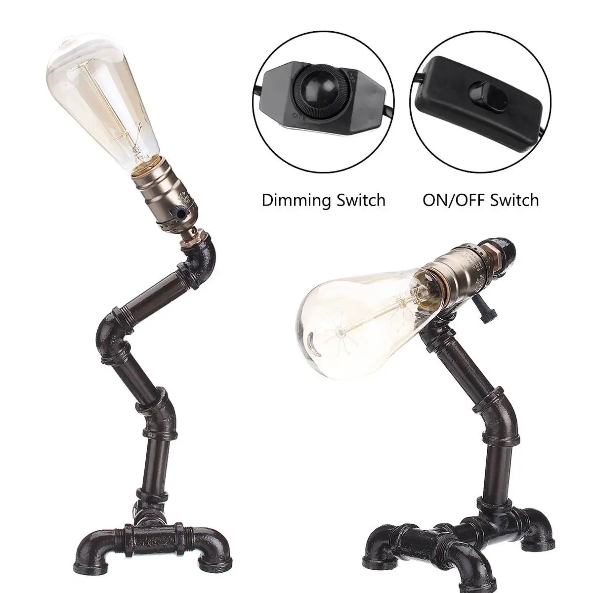 

240V Table Lampsfor Living Room Bedroom LED Night Light Dimming/ON OF Switch Retro Iron Pipe Lamp Light Bulb E27 for Home Decor
