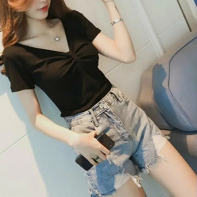 

XUXI T Shirt Women Summer Top Shirts Sexy Bow-knot V-neck Short Sleeve Casual Was Thin Tshirts Cotton Tee Shirt Femme FZ109