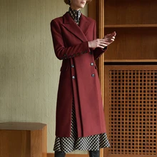 Элегантный для женщин длинное шерстяное пальто Дамы нагрудные двубортный сбоку разделение Тонкий Длинные шерстяные пальто Мода ПР черный WineRed верхняя одежда