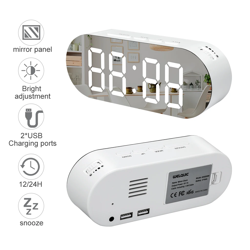 LED Digital Mirror Alarm Clock USB Desk Bedside Clock Mirror Screen