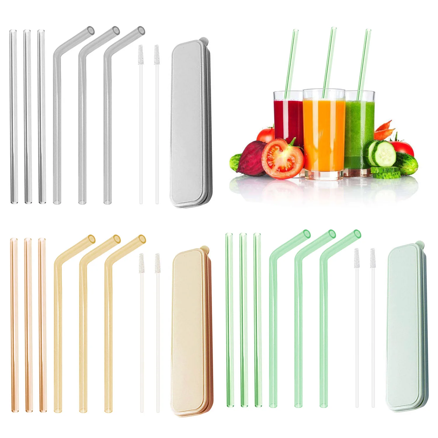 

Behogar 6PCS Reusable Straight Bent Glass Straw 2PCS Cleaning Brush 1PCS Cloth 1PCS Box for Drinking Bevarage Tea Coffee 180x8mm