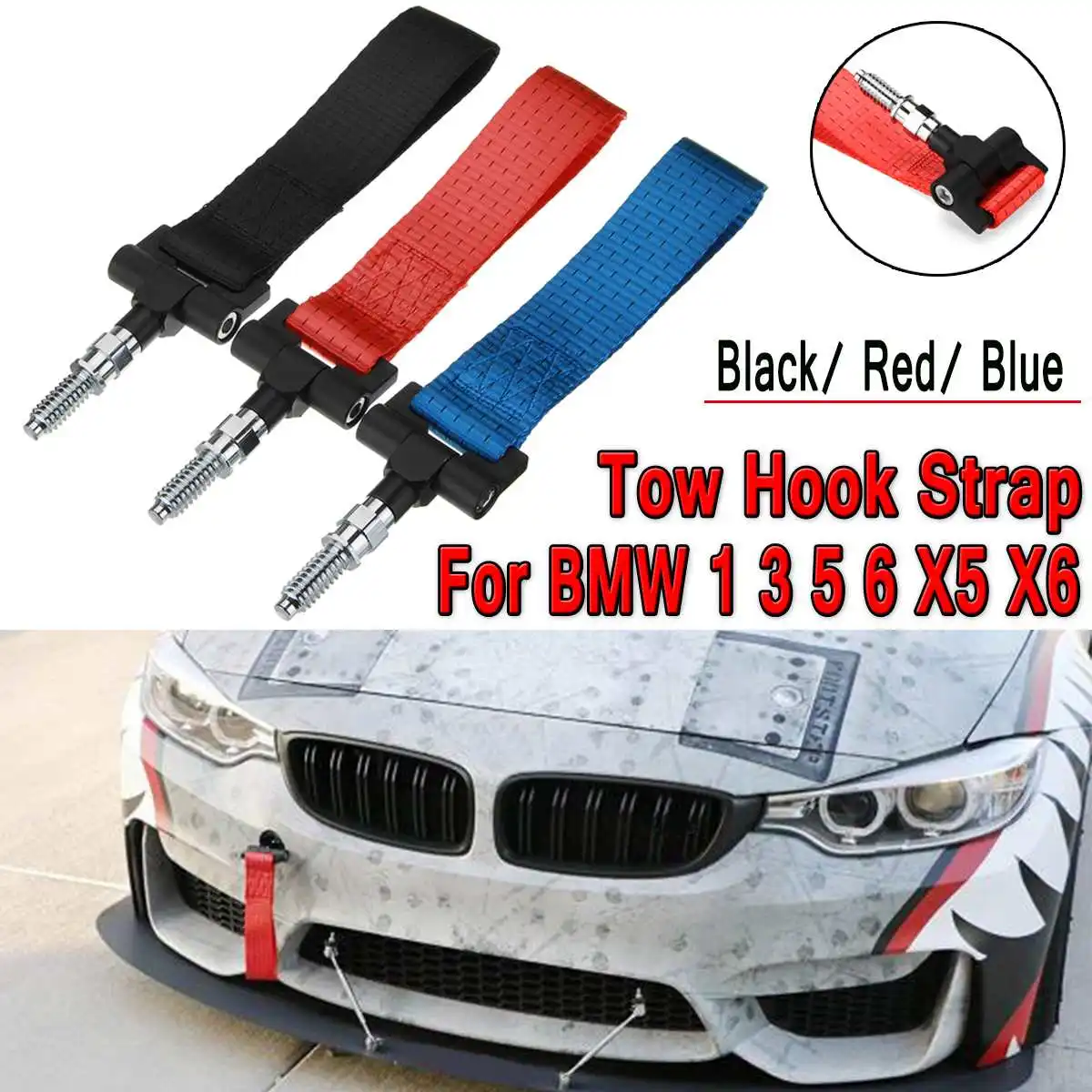 Nylon Track Racing Style Trailer Tow Hook Strap Screw on Towing Ropes for  BMW 1 3 5 6 X5 X6 Series Red Blue Black Accessories