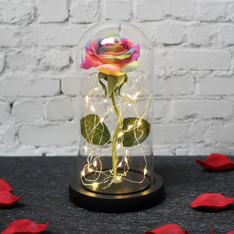 

Valentine's day gift Beauty And The Beast Gold-plated Red Rose With Led Light In Glass Dome For Wedding Party Mother's Day Gift